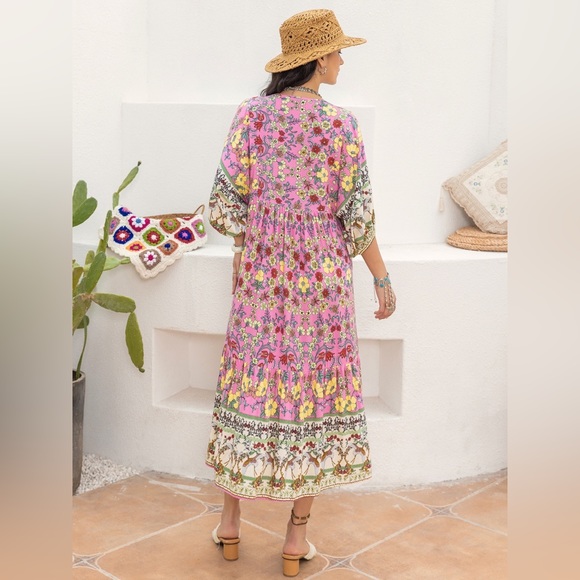 Carnation Pink Printed V-Neck Balloon Sleeve Dress - Picture 2 of 7